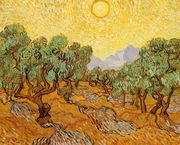 Olive Trees With Yellow Sky And Sun Reproduction