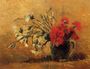 Vase With Red And White Carnations On Yellow Background Reproduction