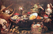 Still Life with Dame and a parrot Reproduction