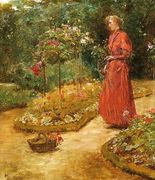 Woman Cutting Roses in a Garden Reproduction