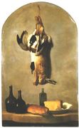 Still Life: Hare, Duck, Loaf of Bread, Cheese and Flasks of Wine Reproduction