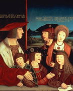 Maximilian I 1459-1519 with his first wife Mary of Burgundy 1457-82 between them their son Philip I Spain and King of Castile the Fair 1478-1506, his sons Charles V 1500-58, Ferdinand I 1503-64, with Ludwig II of Hungary Reproduction