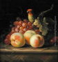 Still Life with Peaches and Grapes on a Ledge with a Parrot perched above Reproduction