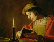 Young Man Reading by Candle Light Reproduction