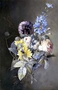 Bouquet of flowers with roses, peonies, delphiniums and daisies Reproduction