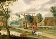 A village landscape with a woman drawing water from a well Reproduction