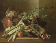 A Dead Mallard, a Boars Head, Celery and a Copper Pot on a Ledge Reproduction