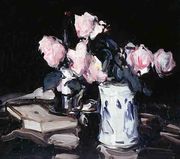 Pink Roses in Blue and White Vase, Black Background, c.1906 Reproduction