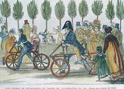 A velocipede race at Jardin du Luxembourg in 1818 Reproduction