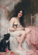 Beauty In Bed With Kitten And Black Dog Reproduction