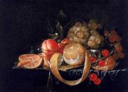 A Still Life with a lemon grapes cherries and apricots on a pewter plate Reproduction