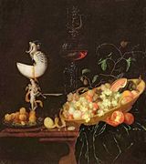 A Still Life of fruit with a nautilus cup on a draped ledge Reproduction