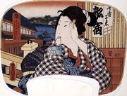 Summer the river at Ryoguku A geisha combing her hair design for a fan from a set of four illustrating the seasons Reproduction