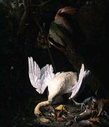 A Hung White Swan Peacock and Other Dead Game in a Landscape Reproduction