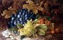 A still life of grapes and a basket of strawberries on a mossy bank Reproduction