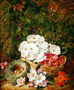 Still Life of Apple Blossom and Violets With Primulas in Wicker Basket Reproduction