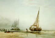 Dutch Fishing Boats on the Beach with Groups of Fisherfolk, 1856 Reproduction