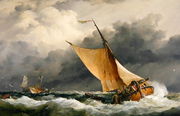 Dutch cargo boats in rough sea Reproduction