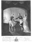 Near the ashes of Friederick II the Great of Prussia (1712-86), Tsar Alexander I (1777-1825) and King Friedrich Wilhelm III of Prussia (1770-1840) swearing immortal friendship, at Potsdam in the night of 4th to 5th November 1805, 1807 Reproduction