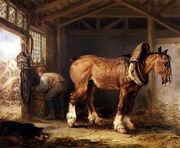 A groom with carthorse in a stable Reproduction