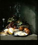 Still life of oysters and a peeled lemon on a ledge Reproduction