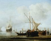 A Kaag and Smalschip near the Shore with a Ship Firing a Gun Reproduction