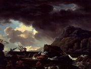 A Mediterranean coastal scene with ships foundering and castaways Reproduction