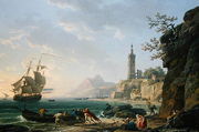 A Coastal Mediterranean Landscape with a Dutch Merchantman in a Bay, 1769 Reproduction