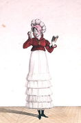 A Lady in a Levantine hat, a tiered skirt and a velvet jacket, plate 6 from the Incroyable et merveilleuse series of fashion plates, engraved by Georges Jacques Gatine 1773-1831 published 1797 in Paris Reproduction