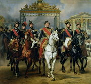 King Louis-Philippe 1773-1850 of France and his sons leaving the Chateau of Versailles on horseback, 1846 Reproduction