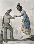 A woman paying a street sweeper to cross a gangplank over a dirty street Reproduction