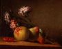 Carnations, pears, cherries and apple on a table Reproduction