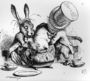 The Mad Hatter and the March Hare putting the Dormouse in the Teapot, illustration from Alices Adventures in Wonderland, by Lewis Carroll, 1865 Reproduction