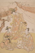 Three Actors in a Scene from Snow-Covered Bamboo Genji in Long Sleeves, 1785 Reproduction