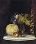 Still Life with Melon, Peach, Fruit-Filled Compote and Glass of Wine on a Marble Table Top Reproduction