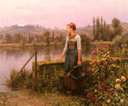 A Woman With A Watering Can By The River Reproduction