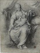 The Madonna And Child, Seated On A Throne In The Shape Of A Savonarola Chair, A Draped Curtain Behind Them Reproduction