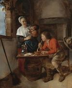 Young Woman Pouring Beer And A Young Man Smoking In An Interior Reproduction