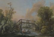 A River Landscape With A Woman Crossing A Bridge And Three Men In A Boat On The River Below Reproduction