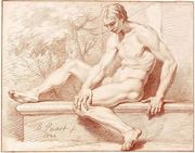 Male Nude, Seated On A Stone Ledge, In A Landscape Reproduction