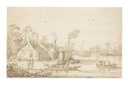 River Landscape With Boats By Cottages, And A Mill Behind Reproduction