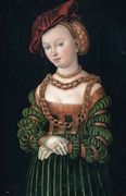 Portrait Of A Young Woman, Three-Quarter Length, As A Court Beauty, Wearing A Red Cap And A Green Dress Trimmed With Gold, Her Decolletage Bedecked With Gold Chains Reproduction