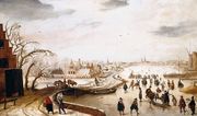 A Winter Landscape With Figures Skating On A Frozen River Reproduction