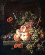 A Still Life Of Peaches, Plums, Grapes And Other Fruits On A Stone Ledge. Reproduction