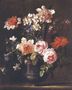 Still Life Of Roses, Carnations, Chrysanthemums, Carcissi, Morning Glory And Other Flowers In A Pewter Urn Resting On A Ledge Reproduction