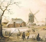 A Winter Landscape With Villagers On A Path By A Frozen River, A Windmill Beyond Reproduction