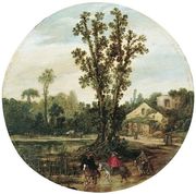 A Wooded Landscape With Horsemen Beside A River, A Ruined Farm Beyond Reproduction