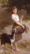 Young Girl With Goat & Flowers Reproduction