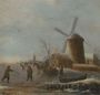 A winter river landscape with skaters on the ice by a windmill Reproduction