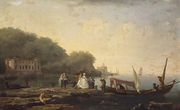 A Mediterranean coastal landscape with elegant company disembarking from an Italian Gondola Reproduction